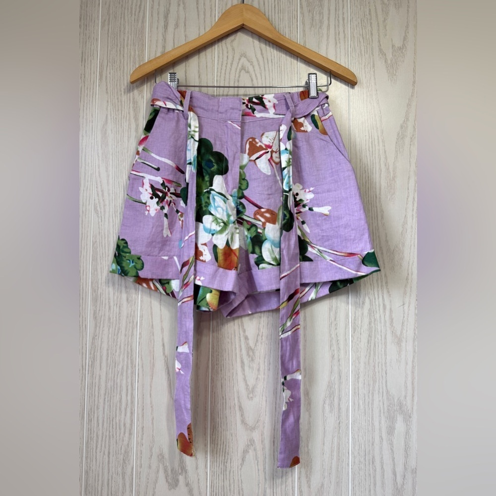 For Cynthia Floral Linen-Blend Paperbag Shorts Lavender Size Small NWT